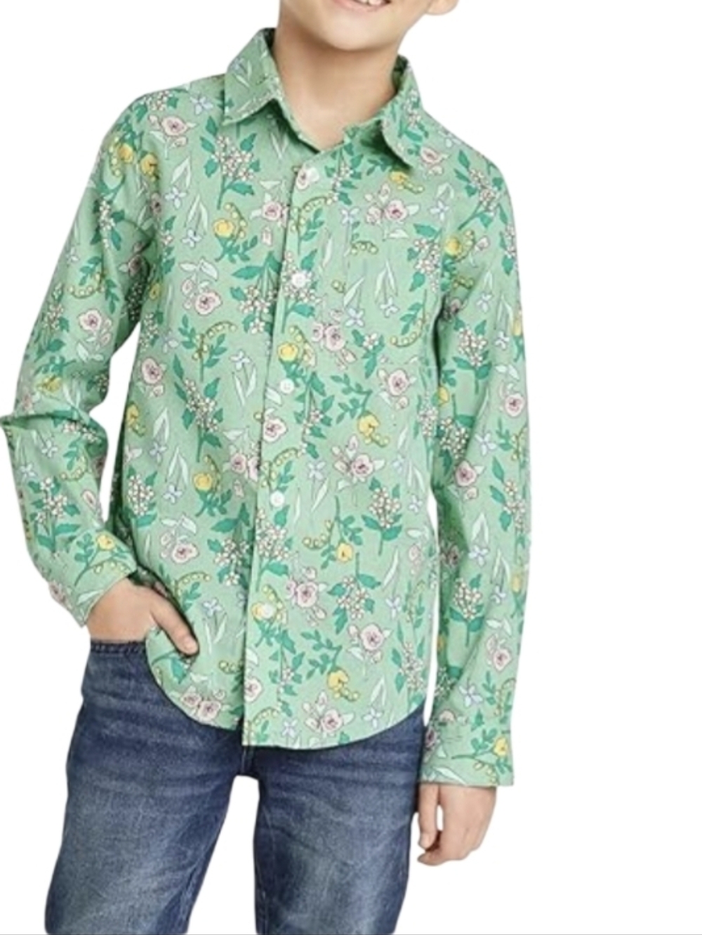 Cat And Jack Boys'  And Girls Green Floral Button-Up Shirt